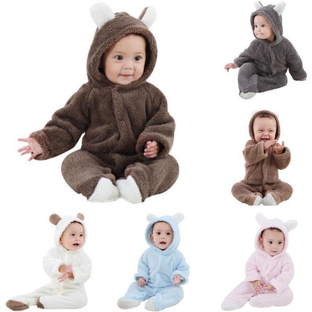 Winter Newborn Baby Plush Bodysuit Jumpsuit Cartoon Hoodies Boy Girl Romper Twins Clothes Korean version 0-12M