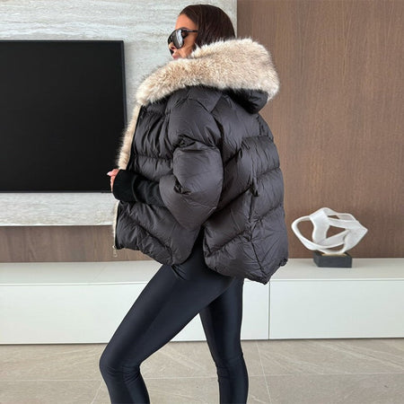 Vintage Women's Fur Coat Elegant Furs Collar Puffer Thicken Full Sleeve Jacket With Furs Female 2025 Autumn Winter Woman Coats
