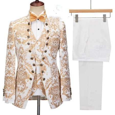 Fashion Gold Floral Suits For Men Slim Fit Luxury Party Wedding Groom Tuxedos Custom Stand Collar Jacket Vest Pants 3 Pieces Set