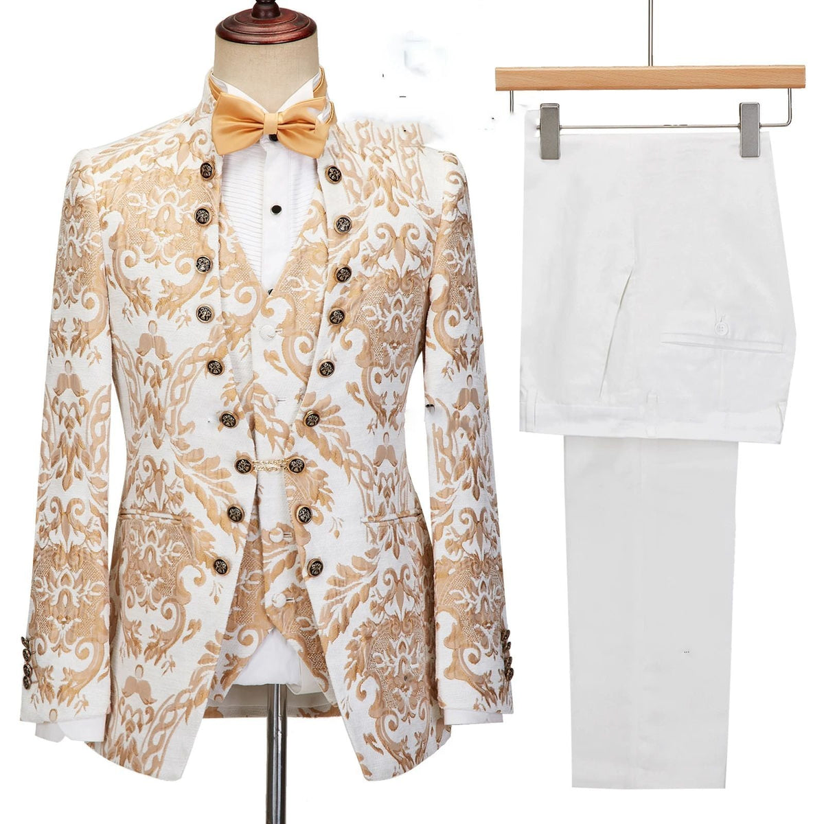 Fashion Gold Floral Suits For Men Slim Fit Luxury Party Wedding Groom Tuxedos Custom Stand Collar Jacket Vest Pants 3 Pieces Set