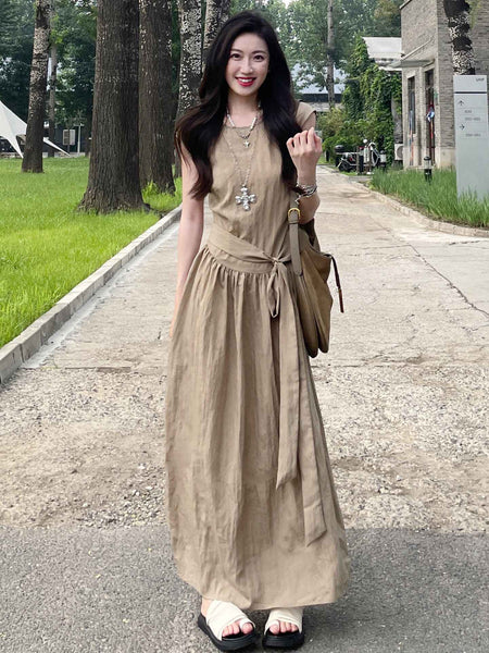 French Riviera Maxi Dress Women Sleeveless Vacation Wear Sculpted Waist Effortless Elegance Seaside Aesthetic Minimalist Luxury