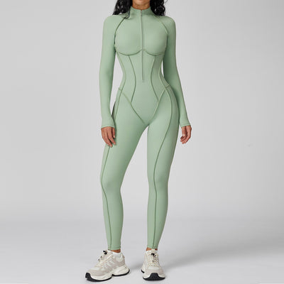 Women's Yoga Jumpsuit Long Sleeved Stand Collar Half Zip High-Intensity Workout One Piece Contrast Color Gym Fitness BodySuit
