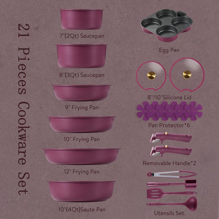 21pcs Pots and Pans Set, Nonstick Cookware Set Detachable Handle, Induction Kitchen Cookware Sets Non Stick with Removable Handl