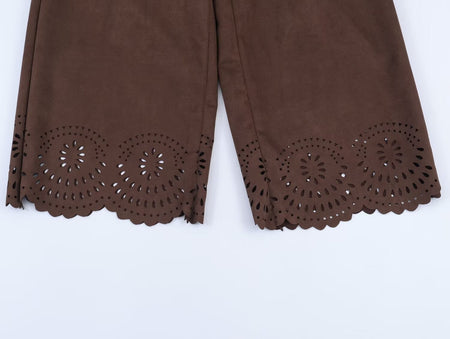 Die-Cut Hem Faux Suede Wide Leg Pants For Women Vintage Brown High Waist With Pockets Casual Loose Trousers