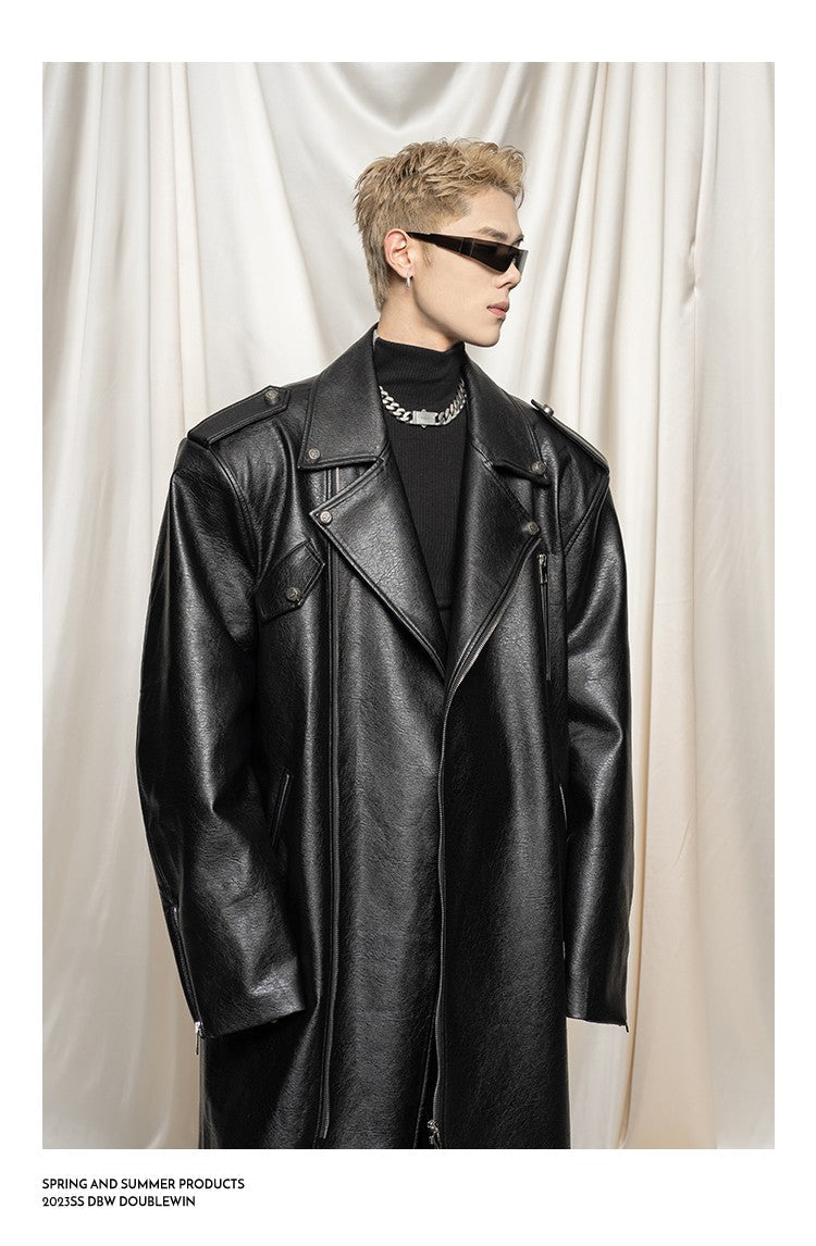 Mauroicardi Spring Autumn Oversized Cool Extra Long Black Pu Leather Trench Coat Men Zipper Loose Luxury European Fashion 2023