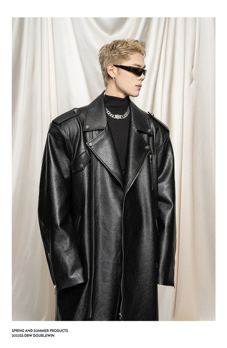Mauroicardi Spring Autumn Oversized Cool Extra Long Black Pu Leather Trench Coat Men Zipper Loose Luxury European Fashion 2023