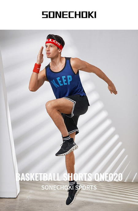SONECHOKI Knee Length Basketball Shorts Men Striped Loose Running Sport Gym Mesh Breathable Fitness Training Workout Bottom Male