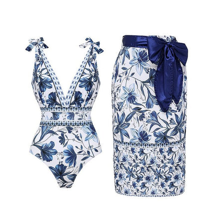 Bikinis De Mujer 2025 V Neck Lace Up Printed One Piece Swimsuit and Skirt Sexy Beach Outfits Women Es De Baño 2024 Mujer