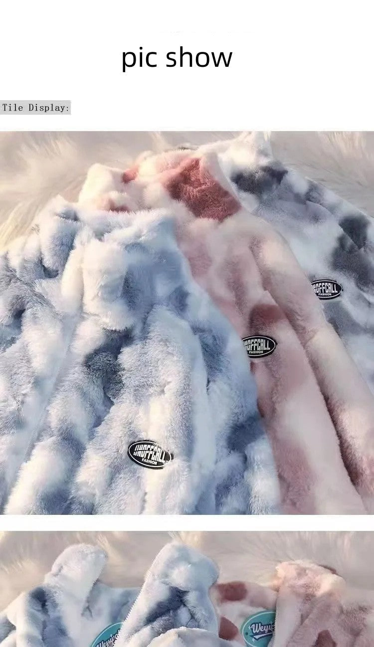 New Women's Tie Dye Lamb Fleece Jacket Autumn Winter Zipper Outerwear Warm Plush Jackets Harajuku Casual Loose Female Thick Coat