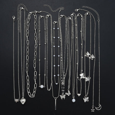 13Pcs/Set Simple Temperament Necklace Set Butterfly Pearl Heart Star Zircon Silver Color Necklace for Women Fashion Jewelry Gift