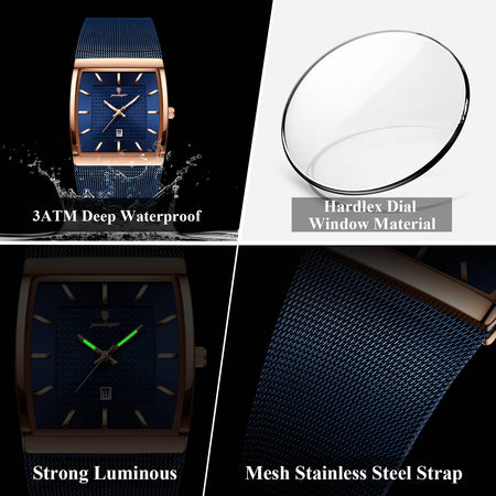 POEDAGAR Top Luxury Men Watch Stainless Steel Mesh Date Waterproof Luminous Man Wristwatch Casual Rectangle Quartz Men's Watches
