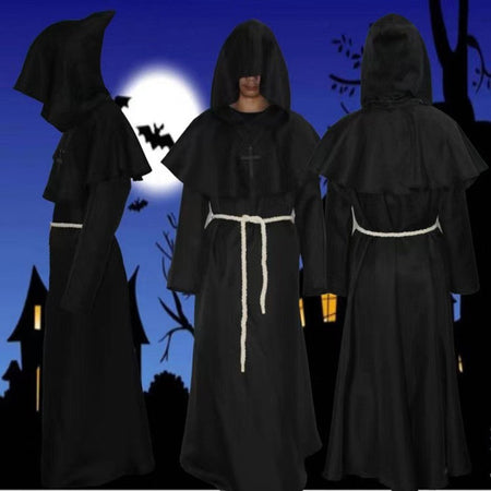 Halloween Wizard Cosplay Medieval Monk Hooded Robe Costume Mask Hat For Men Steampunk Priest Horror Masquerade Unisex Cloak Cape