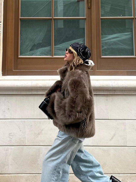 Winter Women Warm Faux Fur Coats Fashion Browns Long Sleeve Stand Collar Short Jackets 2025 Lady High Street Commute Outerwear