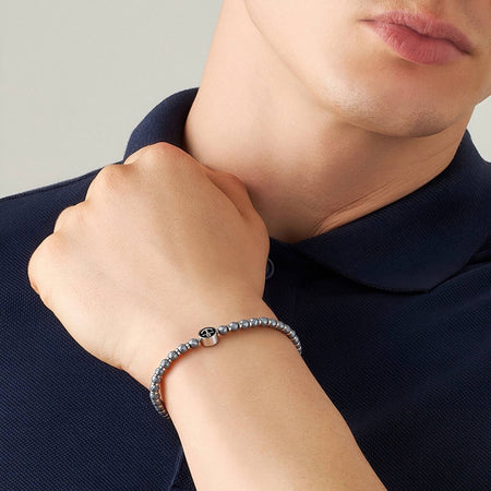 Runda Men's Bracelet with Black Iron Ore Anchor Pendant Stainless Steel Adjustable 22cm Fashion Charm Bead Jewelry