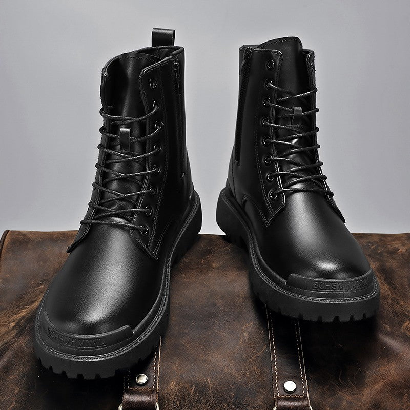 Black Men's Casual Leather Boots Fashion Winter Men Work Boot Mens Shoes Non-slip Designer High Top Ankle Boots Motorcycle Shoes