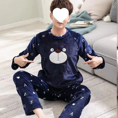 Thickened Flannel Sleepwear Set for Men Winter Home Clothes Coral Fleece Lined Autumn Winter Style Overhead Mens Nightgown