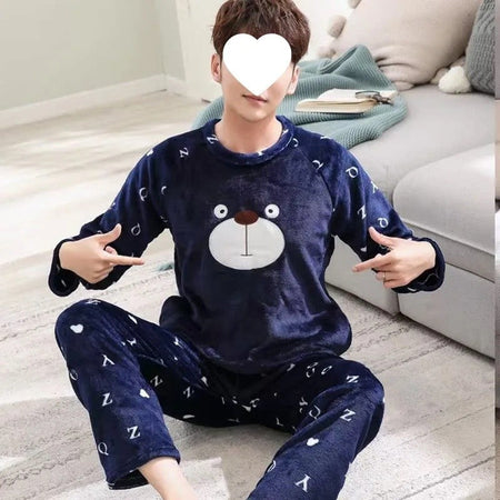 Thickened Flannel Sleepwear Set for Men Winter Home Clothes Coral Fleece Lined Autumn Winter Style Overhead Mens Nightgown