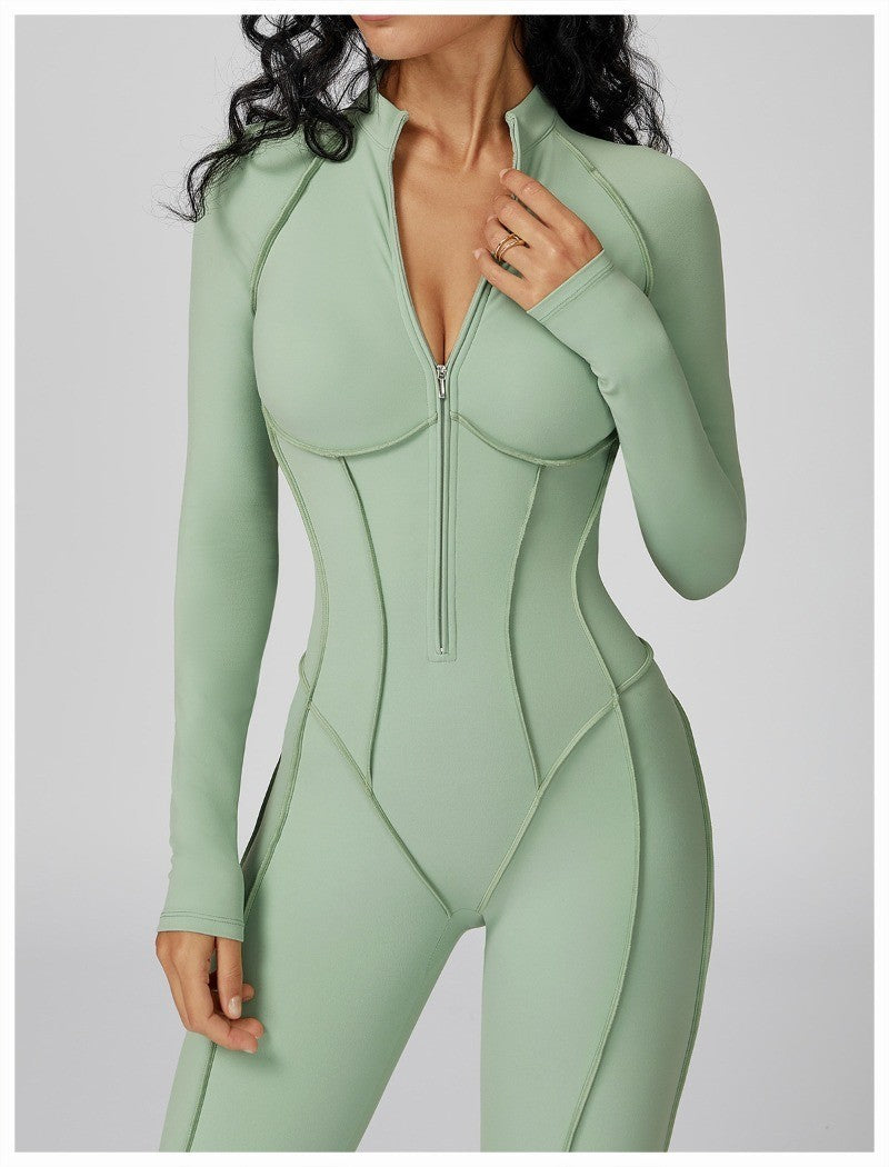Women's Yoga Jumpsuit Long Sleeved Stand Collar Half Zip High-Intensity Workout One Piece Contrast Color Gym Fitness BodySuit