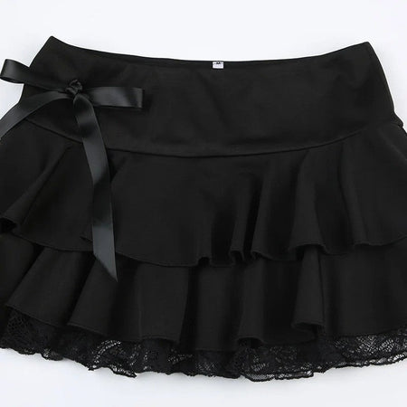 Dark pure desire spice girl style lace stitching bow skirt sexy low waist ballet A word cake mini skirt