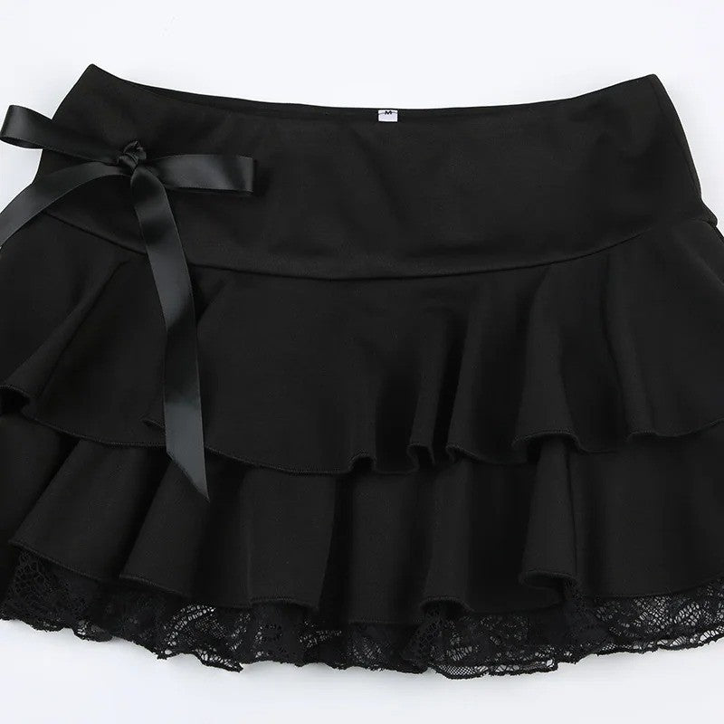 Dark pure desire spice girl style lace stitching bow skirt sexy low waist ballet A word cake mini skirt