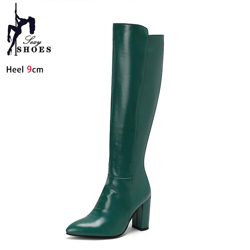 Sexy Women Knee High Boots Pointy Toe Chunky Heels 9CM Boot Large Size 44 45 46 With Zipper Winter Outdoors Leather Female Shoes