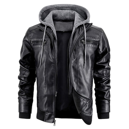 Men's PU Leather Jacket Hooded Motorcycle Slim Fit Casual Coats Men Autumn Winter Windproof Hat Detachable Biker Leather Outwear