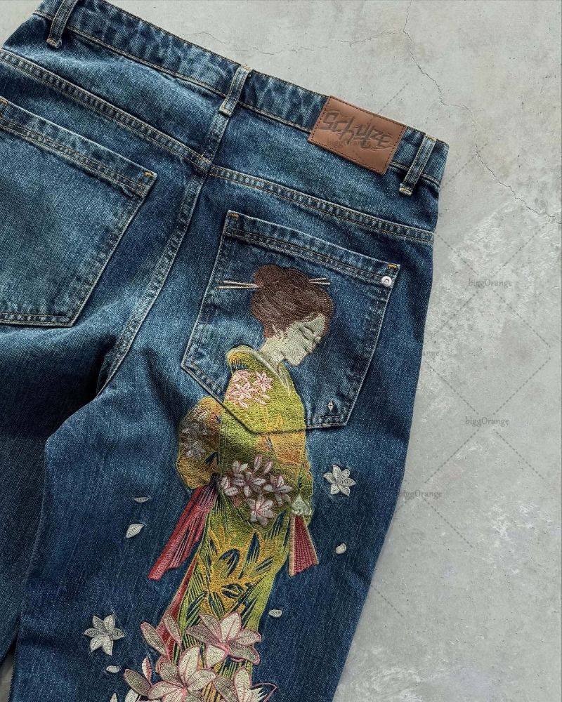 New European and American Trendy Streetwear Trousers Y2K Harajuku Retro Blue Baggy Jeans Wome Casual High-waisted Straight Pants