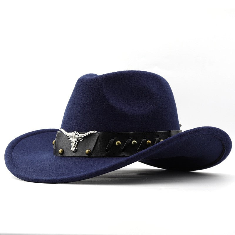 New Western Cowboy Hat Roll Brim Cowgirl Cap Cowboy Jazz Fedora Hats Felt Cap with Cow Band for Women Men