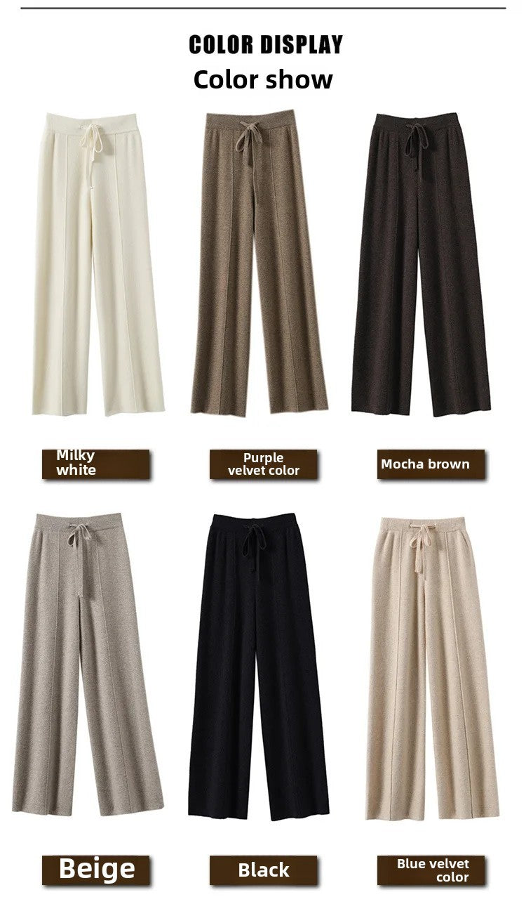 High Waist Wide Leg Pants Mid-Seam Knitted Trousers Drawstring Waist Belted Floor-Length Pure Color Versatile Autumn Winter Casu