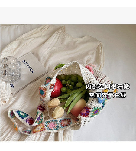 Women's Boho Crochet Bag Designer Flowers Knitted Handbags Large Capacity Summer Beach Woven Shoulder Bag Girls Tote Shopper Bag