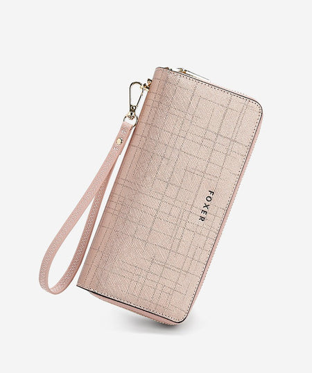 FOXER Split Leather Lady's Wallet Bifold Long Clutch Bag with Wristlet Fashion Card Holder Coin Purse Cellphone Money Bag
