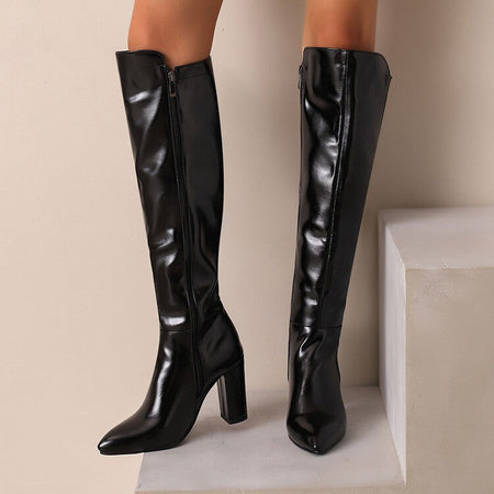 Sexy Women Knee High Boots Pointy Toe Chunky Heels 9CM Boot Large Size 44 45 46 With Zipper Winter Outdoors Leather Female Shoes