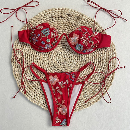 DEBAIOR 2025 Women Bikini Set Floral Embroidery Lingerie Set Women Sheer 2-Piece Boho Bra + Panty Underwear Set Intimates