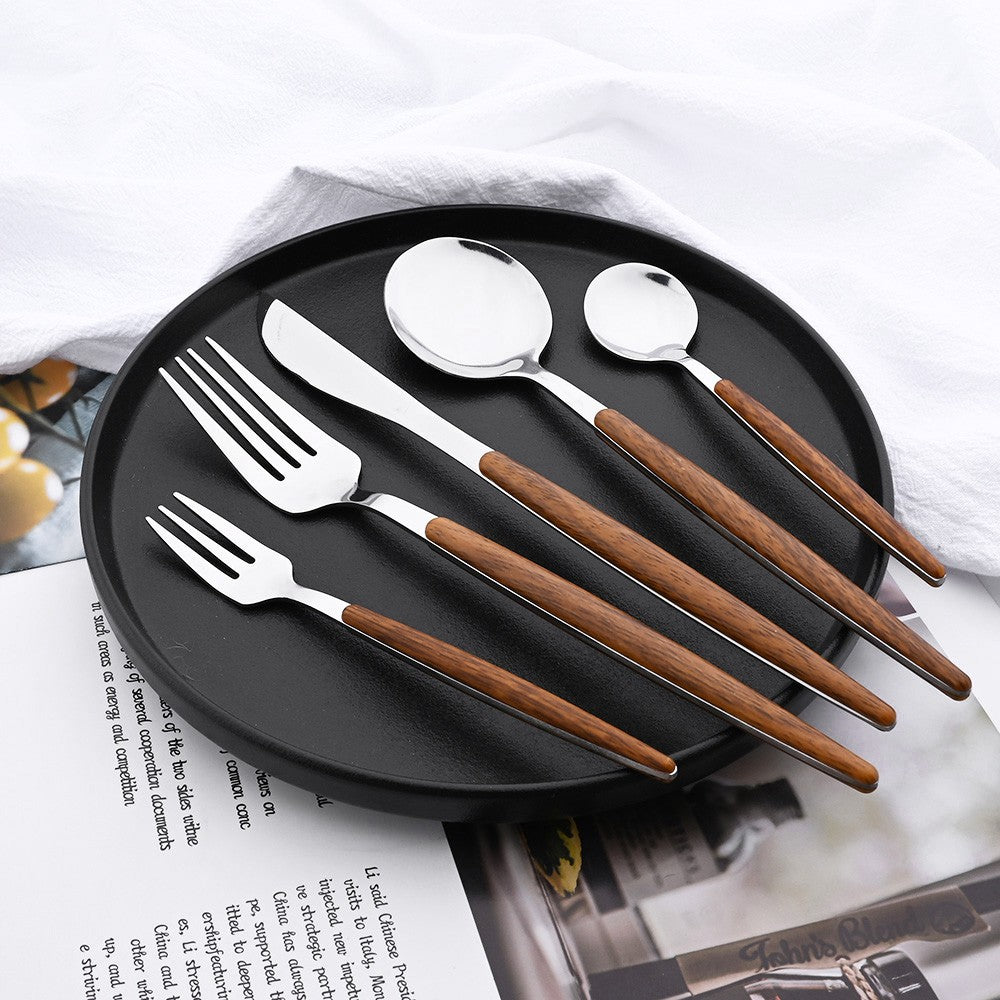 16/24/36Pcs Dinnerware Set Stainless Steel Imitation Wooden Handle Clamp Western Knife Fork Spoon Cutlery Tableware Silverware