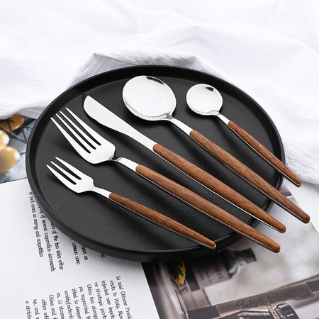 16/24/36Pcs Dinnerware Set Stainless Steel Imitation Wooden Handle Clamp Western Knife Fork Spoon Cutlery Tableware Silverware