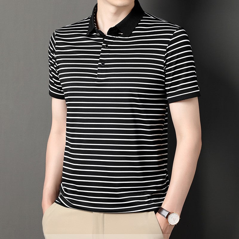 2024 Men's New Striped Cotton Business Casual Short Sleeved POLO Shirt Fashion Short Sleeved Comfortable and Breathable Top