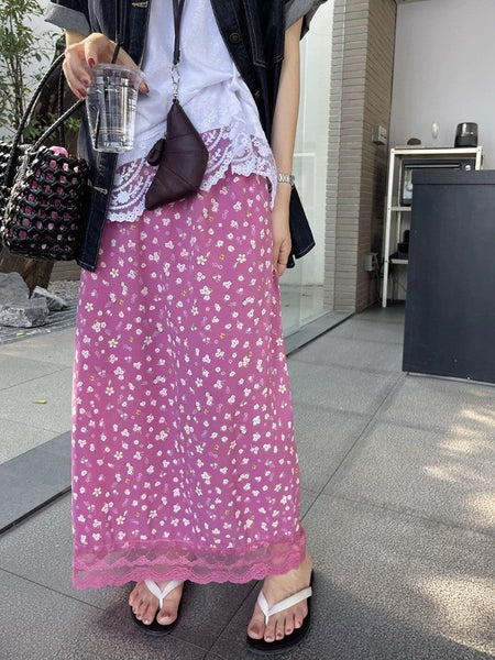 Ezgaga Skirts Women Elegant Floral Printed Lace Patchwork 2025 Summer Fashion Vintage Sweet Ladies Long Skirt Casual Chic