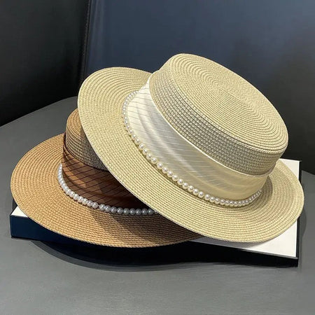 2025 Summer Elegant Pearl Chain Flat Sun Hats for Women Chapeau Feminino Straw Hat Panama Wide Brim Anti-UV Beach Cap Girl Topee