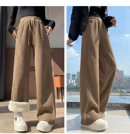 High Waist Warm Trousers Fashion Winter Fleece Thickened Women's Pants Solid Color Loose Elastic Waist Straight Casual Pants