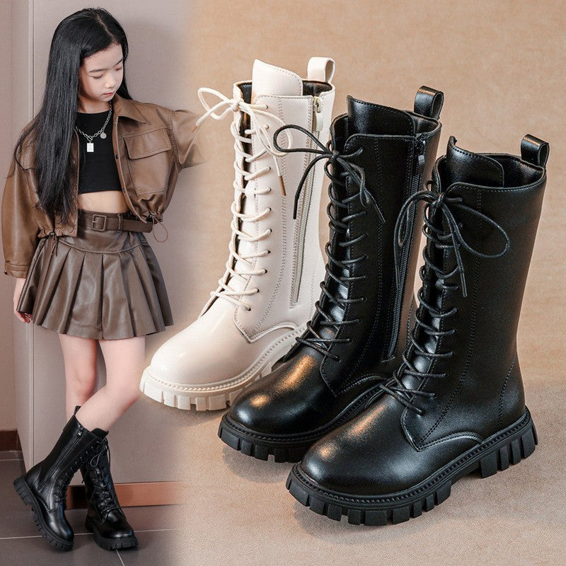 2025 Autumn/Winter  Fashion Cool Baby Girls Warm Square Heel Round Toe Casual Lace-Up Comfortable Kids Black Mid Boots