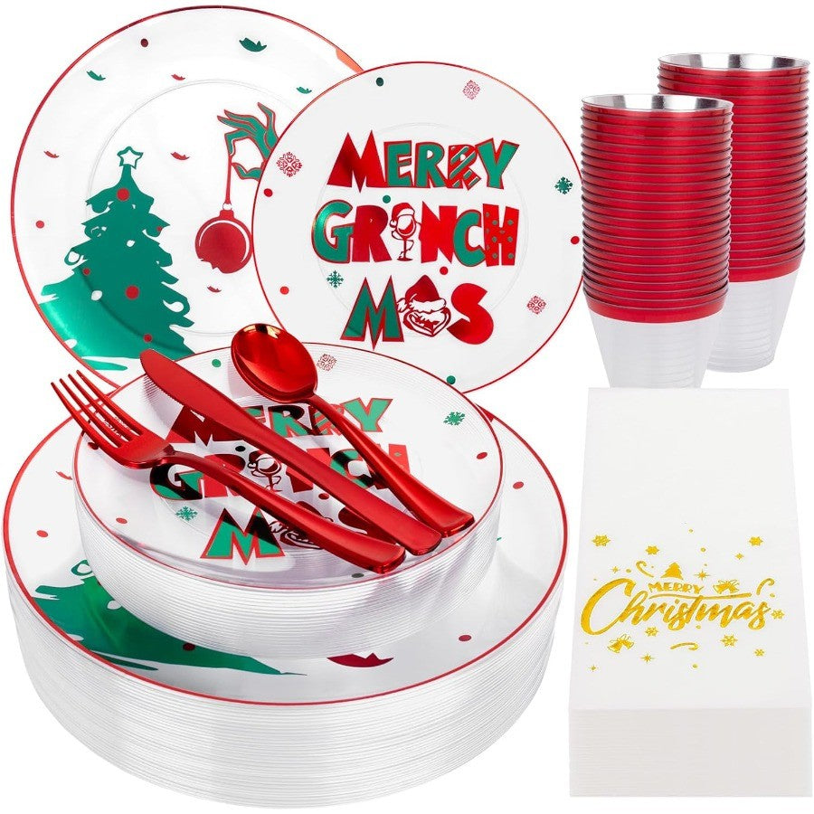 210Pcs Clear Green Monster Plastic Plates Disposable Christmas Dinnerware Set Include 30 Dinner Plates30 Dessert Platos 30 Fork
