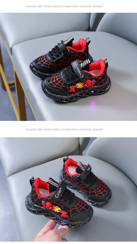 Disney LED Casual Sneakers Red Black For Spring Boys Spiderman Mesh Outdoor Shoes Children Lighted Non-slip Shoes Size 21-30