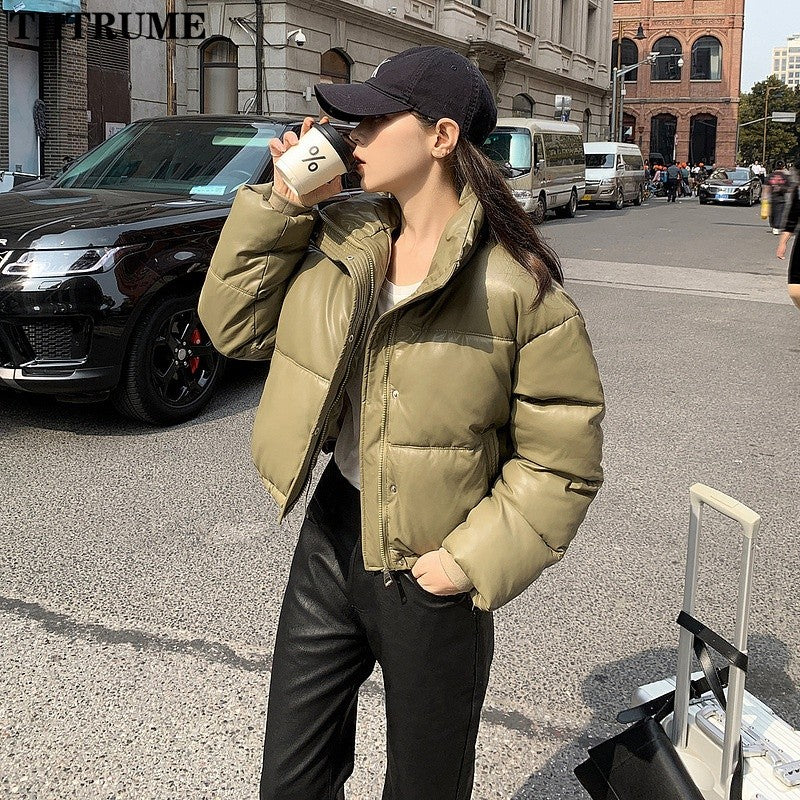 Autumn Winter Warm PU Jackets Fashion Women Long Sleeve Korean Thick Loose Coats Casual Office Lady Commute Lapel New Outerwear