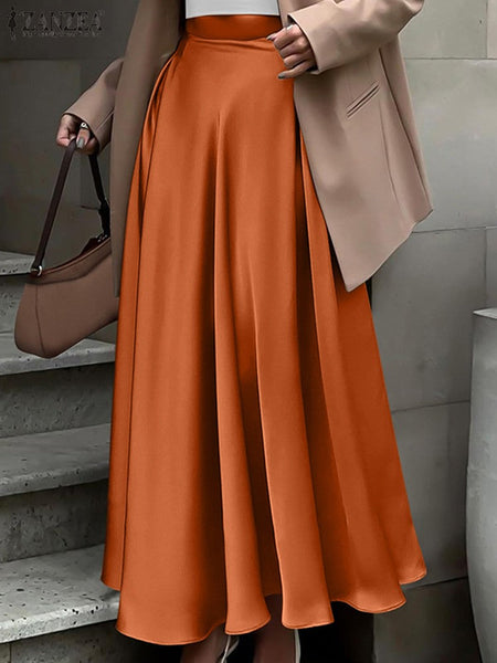 2025 Stylish Autumn High Waist Party Satin Skirts ZANZEA Women Jupe Plus Size Solid A-line OL Work Faldas Saia Maxi Long Skirt