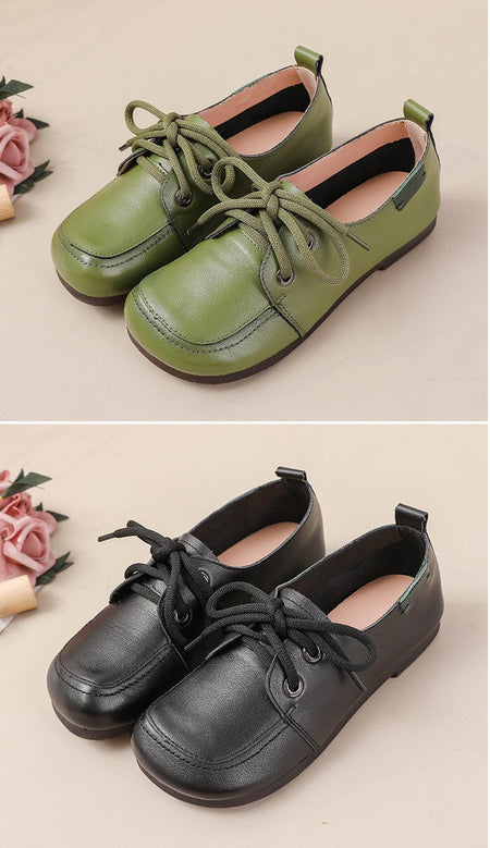 Vintage Plain Oxfords Shoes Women's Genuine Leather Flats Ladies Laced Up Moccasins Elderly Woman Square Toe Driving Loaferss