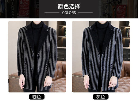 Classic Autumn Winter Men's Mid-Length Woolen Coats Casual Striped Overcoat Outwear Windbreaker Business Warm Long Jackets