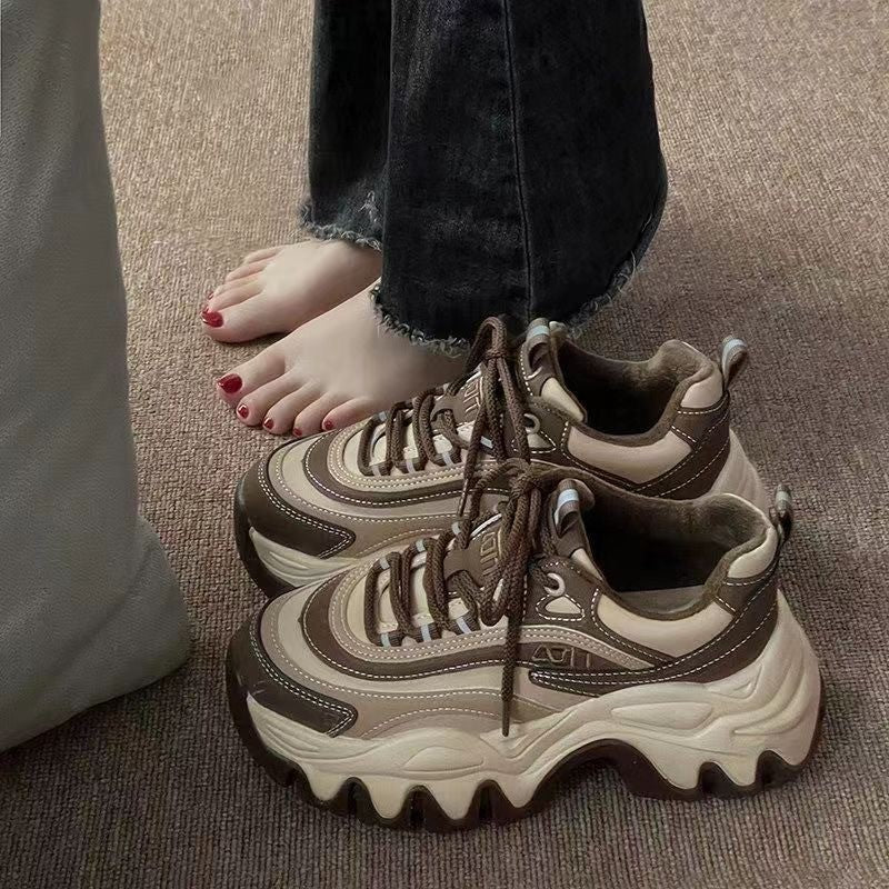 Sneakers Women Casual White Shoes 8CM Fashion Height Increasing Thick Bottom Spring Platform Leather Woman Chunky Sneakers 2024