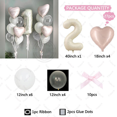 32inch Pink Bows Number Balloons Cream White Beige Number Foil Balloons Pink Bows For Birthday Coquette Themed Party Decor