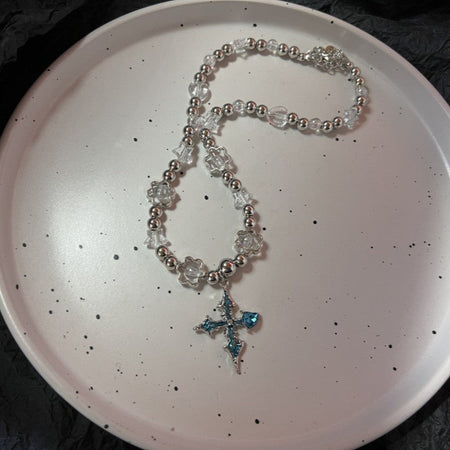 Trendy Punk Blue Cross Pendant Sliver Color Chain Necklace For Women Men Fashion Gothic Y2K Charms Hip Hop Jewelry Accessories