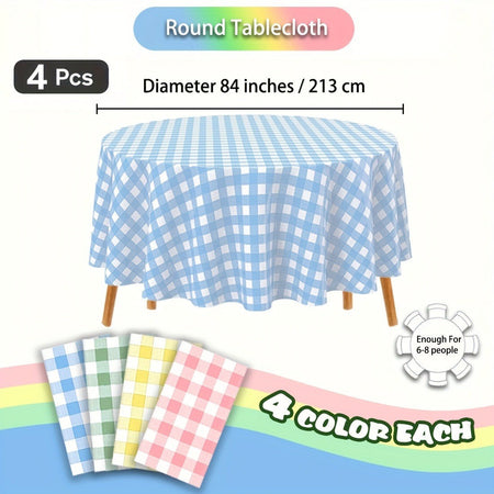 1/4pcs 213cm/83.86in Disposable Tablecloth Reusable Round Tablecloth Wrinkle-Free Waterproof Gingham Tablecloth Family Gathering